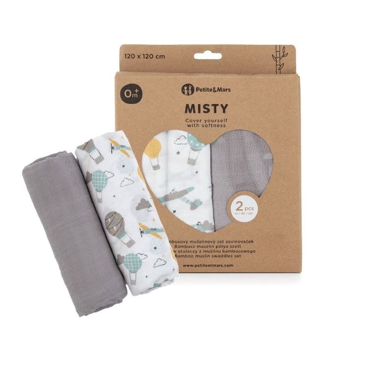 Petite&Mars, Misty, otulacz z muślinu bambusowego, Grey Planes, 120-120 cm, 2 szt.