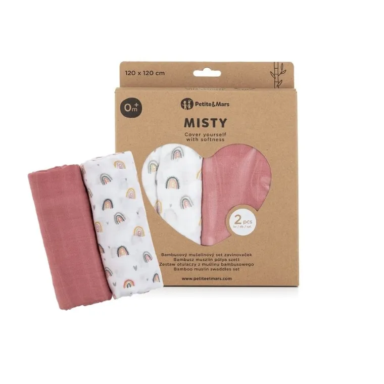 Petite&Mars, Misty, otulacz z muślinu bambusowego, Rose Rainbow, 120-120 cm, 2 szt.