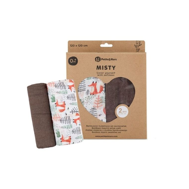 Petite&Mars, Misty, zestaw otulaczy z muślinu bambusowego, Forest Fox, 120-120 cm, 2 szt.
