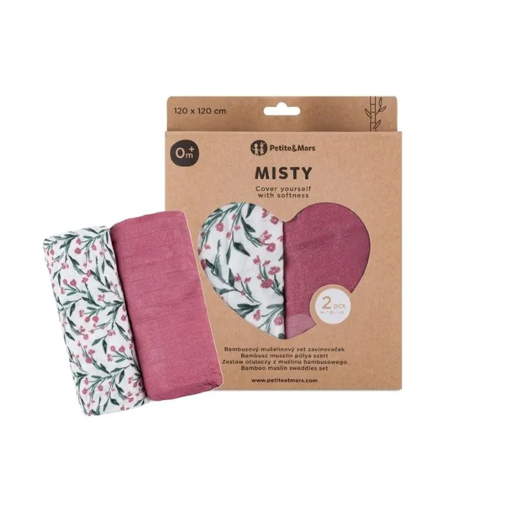 Petite&Mars, Misty, zestaw otulaczy z muślinu bambusowego, Pink Meadow, 120-120 cm, 2 szt.