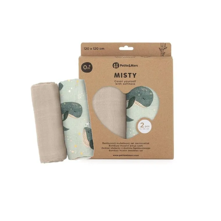 Petite&Mars, Misty, zestaw otulaczy z muślinu bambusowego, Whale Song, 120-120 cm, 2 szt.