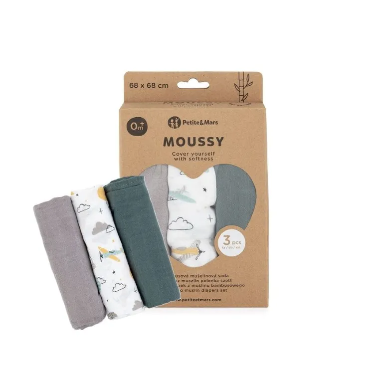 Petite&Mars, Moussy, pieluszka z muślinu bambusowego, 68-68 cm, 3 szt.