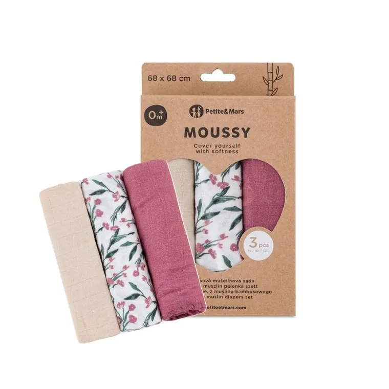 Petite&Mars, Moussy, zestaw pieluszek z muślinu bambusowego, Pink Meadow, 68-68 cm, 3 szt.