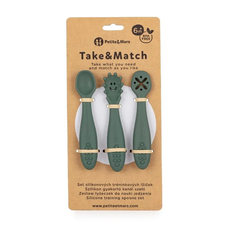 Petite&Mars, Take&Match, silikonowe łyżeczki, Green Misty, 6m+, 3 szt.