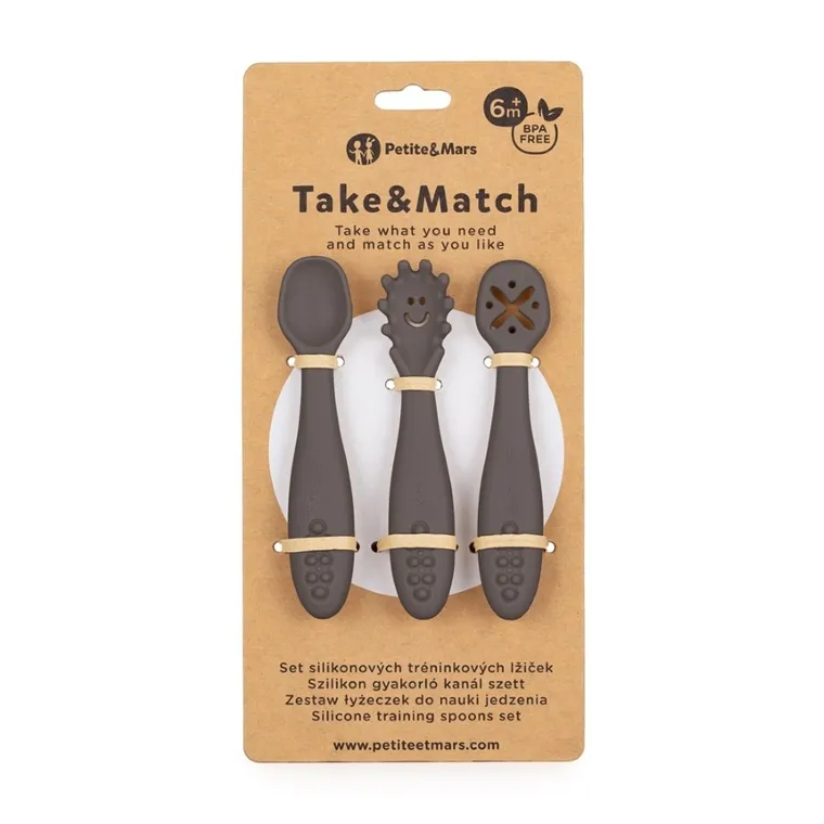 Petite&Mars, Take&Match, zestaw silikonowych łyżeczek do nauki jedzenia, Bitter Cocoa, 6m+, 3 szt.