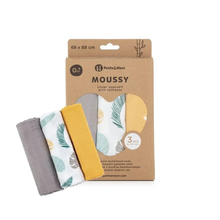 Petite&Mars, zestaw: Moussy, pieluszka z muślinu bambusowego, Ochre Leaves, 68-68 cm, 3 szt.
