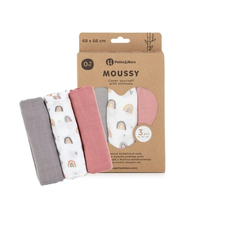Petite&Mars, zestaw: Moussy, pieluszka z muślinu bambusowego, Rose Rainbows, 68-68 cm, 3 szt.