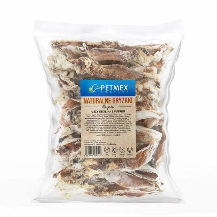 Petmex, uszy królika z futrem, przysmak dla psów, 200g