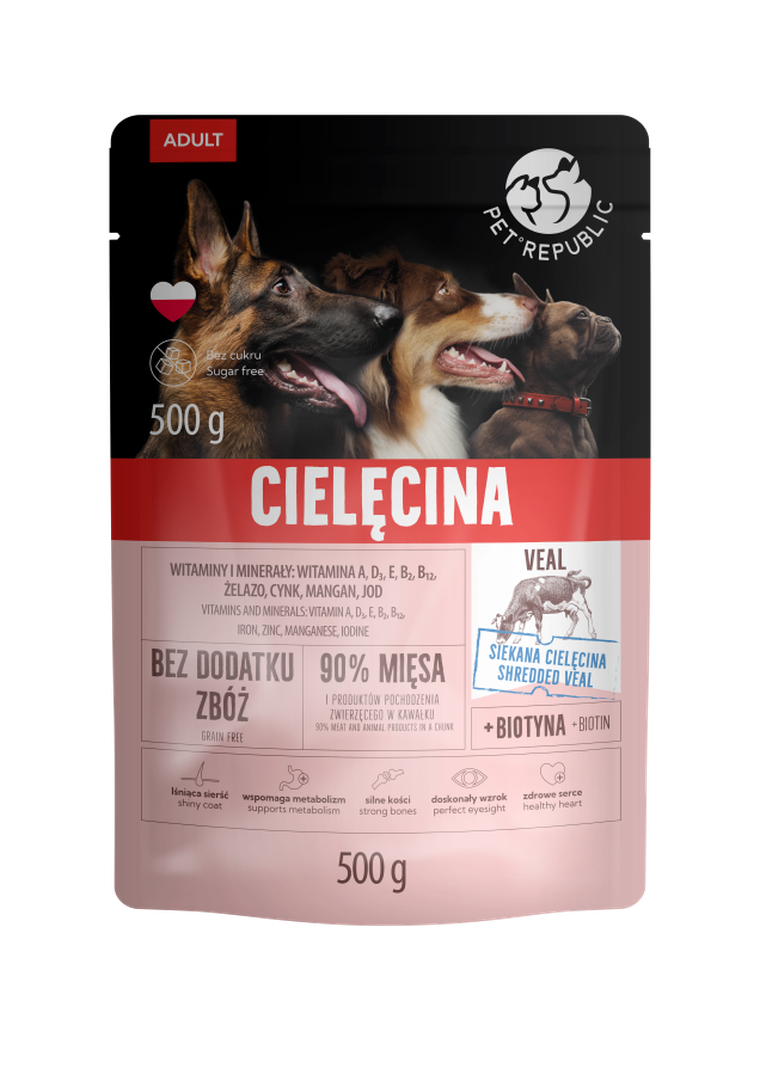 PetRepublic, karma mokra dla psa z cielęciną, saszetka pouch, 500g, 9 szt.