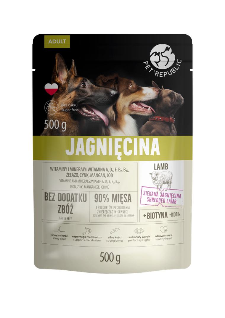 PetRepublic, karma mokra dla psa z jagnięciną, saszetka pouch, 500g, 9 szt.