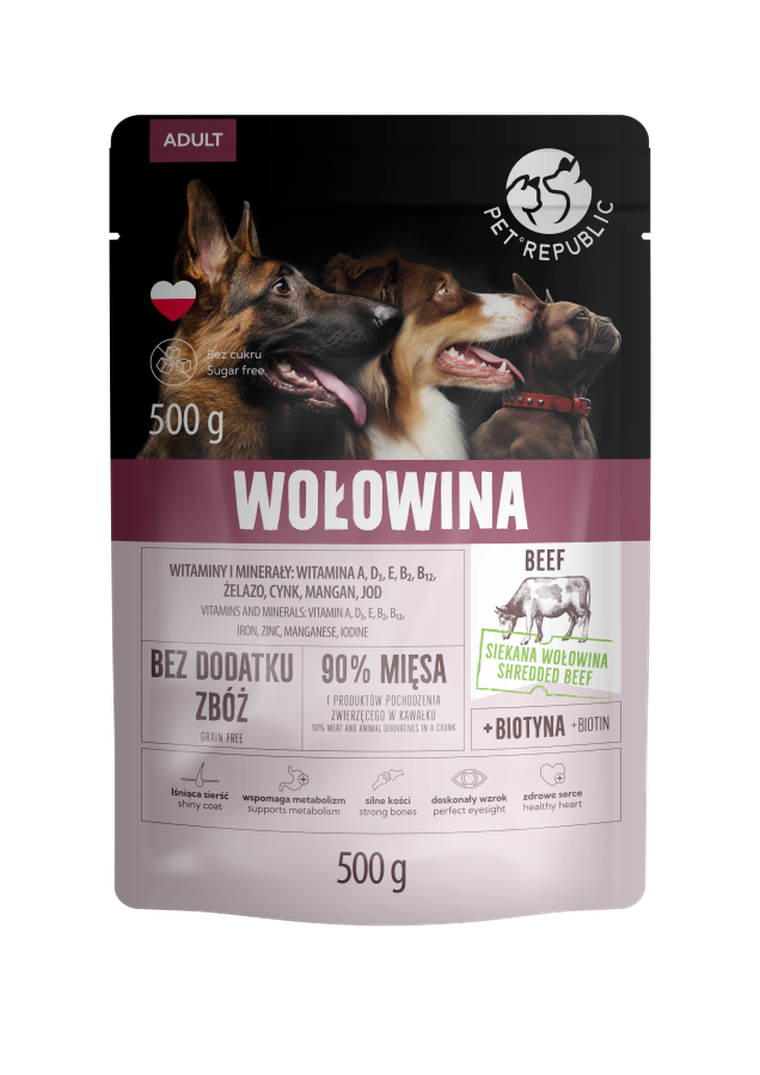 PetRepublic, karma mokra dla psa z wołowiną, saszetka pouch, 500g, 9 szt.