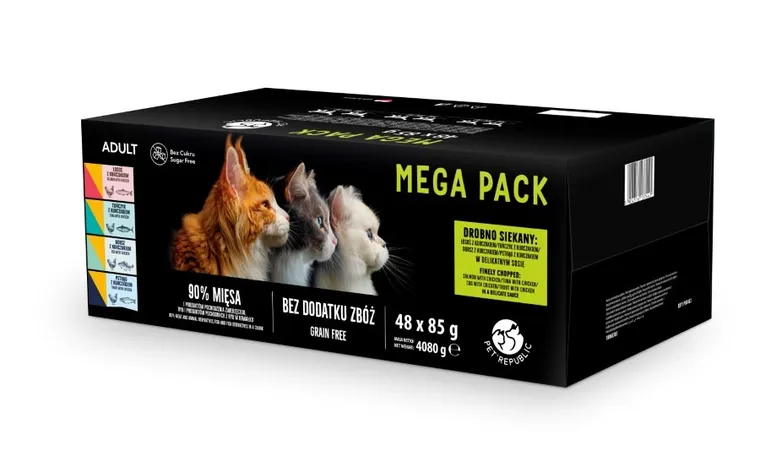 PetRepublic, saszetki, pełnoporcjowa karma mokra dla kota mięsno, rybne smaki, 85g, 48 szt.