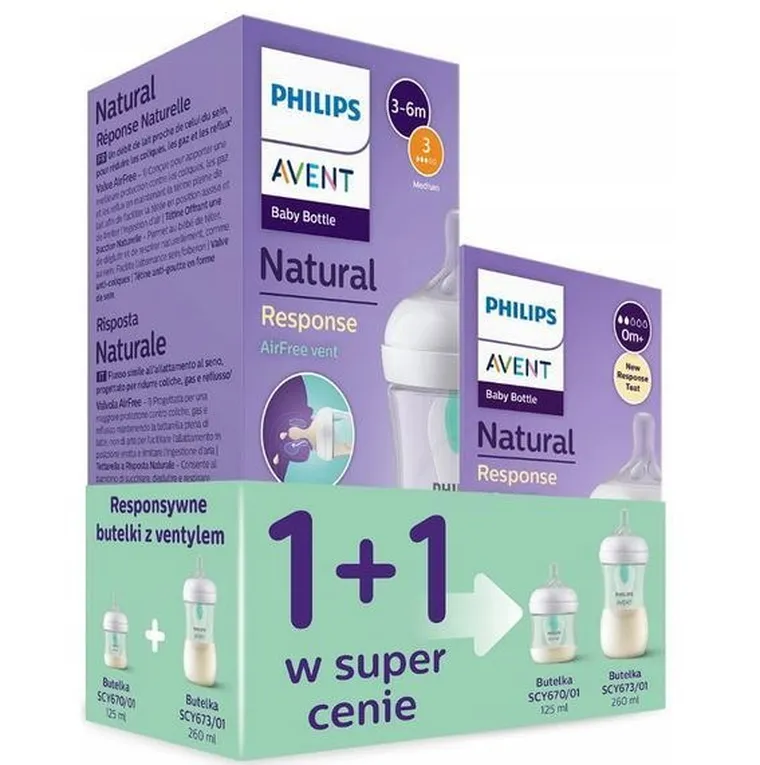 Philips Avent, Natural Response, zestaw butelek z nakładką antykolkową Air Free, 260 ml + 125 ml, 2 szt.
