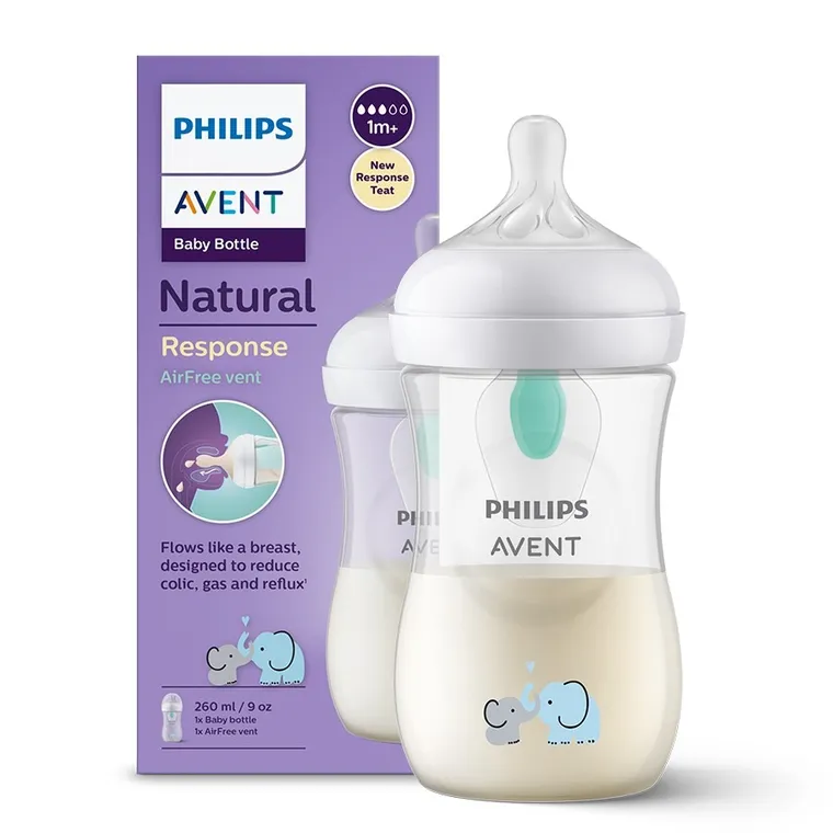 Philips Avent, Responsywne Butelki Natural, Air Free, Słoń, butelka z wentylem, 1m+, 260 ml