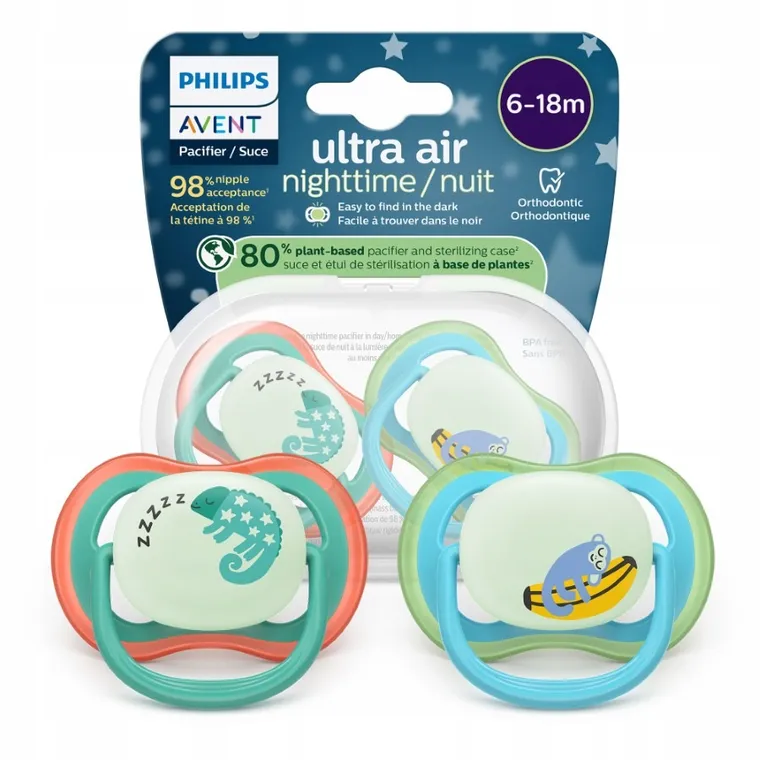 Philips Avent, Ultra Air Nighttime, smoczek uspokajający, 6-18m, 2 szt.