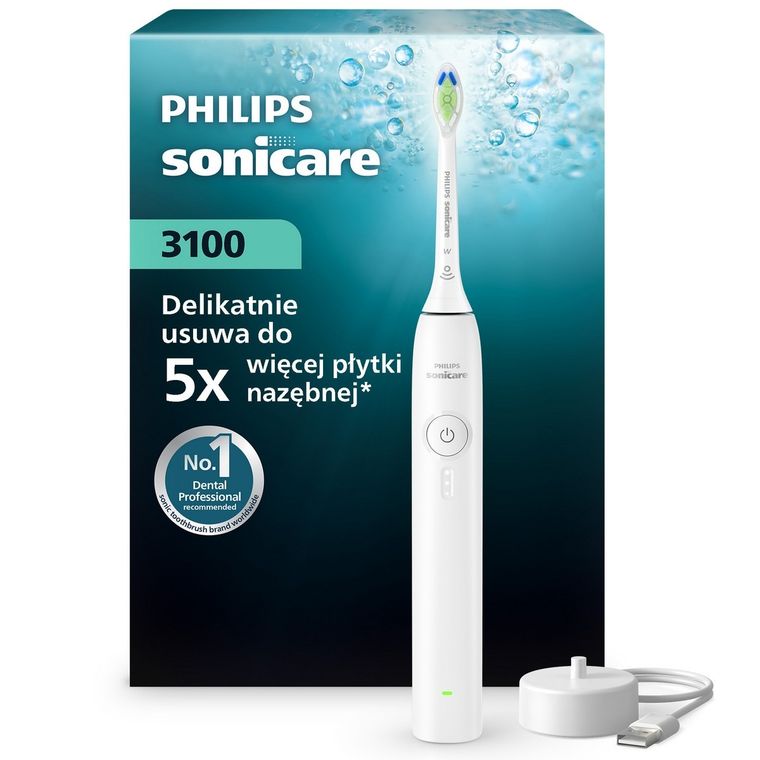 Philips Sonicare, 3100 Series, szczoteczka soniczna z czujnikiem nacisku, biała, HX4031/21