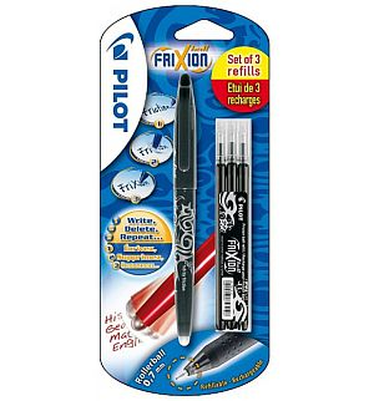 Pilot, Frixion Ball, pióro kulkowe, czarne + 3 wkłady na blistrze