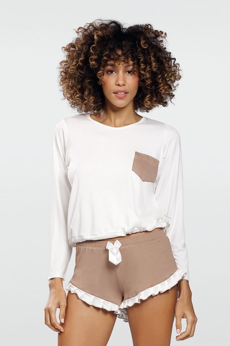 Piżama damska, biało-beżowa, Ronnie, Dkaren