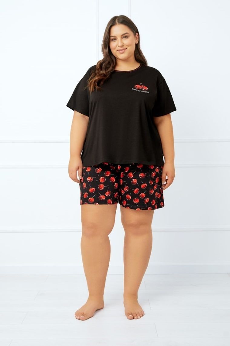 Piżama damska, plus size, czarna, Cherry, Italian Fashion