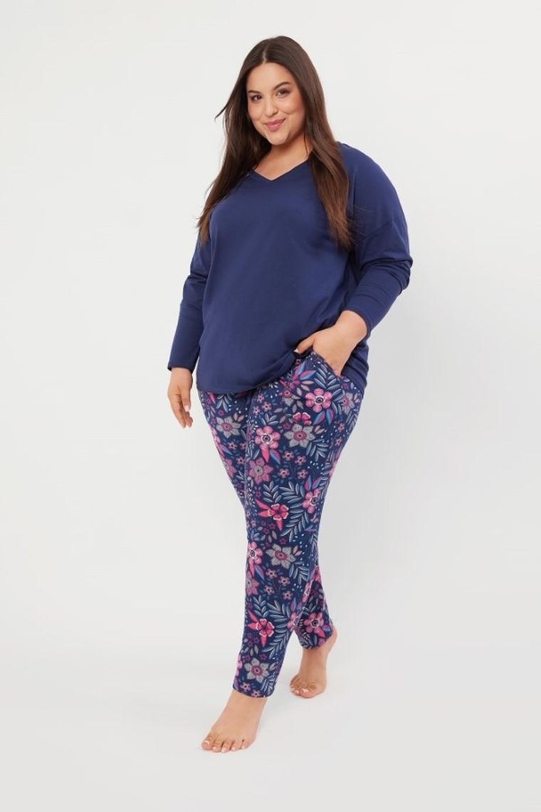 Piżama damska, plus size, granatowa, Folk, Italian Fashion
