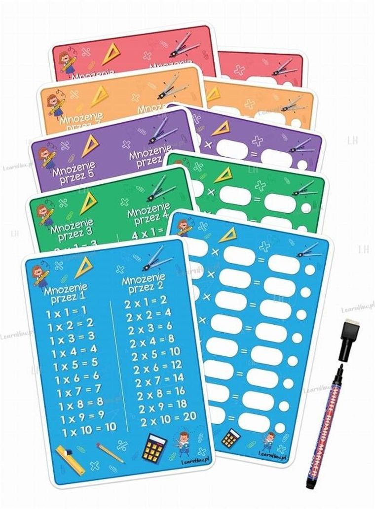 Plansze edu A4. Tabliczka mnożenia + pisak. 5 kart