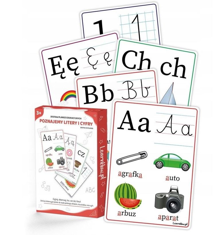 Plansze edukacyjne A5. Poznajemy litery i cyfry. 49 kart