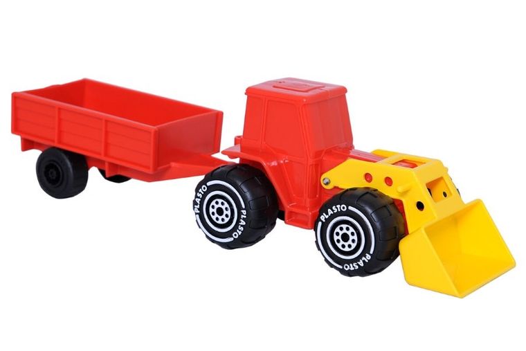 Plasto, traktor z ładowaczem i przyczepką, czerwono-żółty, 34 cm