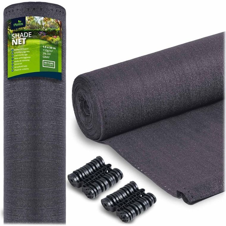Plonos, siatka cieniująca, 1,5-25m 110g/m2 + 50 zacisków, szara