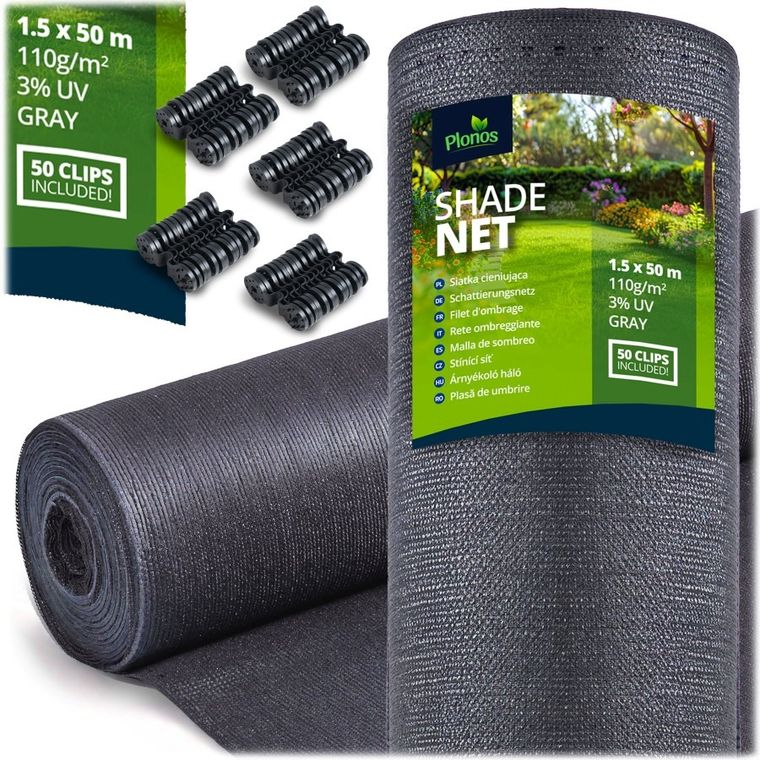 Plonos, siatka cieniująca, 1,5-50m 110g/m2 + 50 zacisków, szara