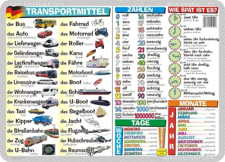 Podkładka na biurko, mata, dwustronna, Die Verkhersmittel, die Zahlen, die Tage, die Monate, wie spt es?, das Obst, das Gemse, die Tiere