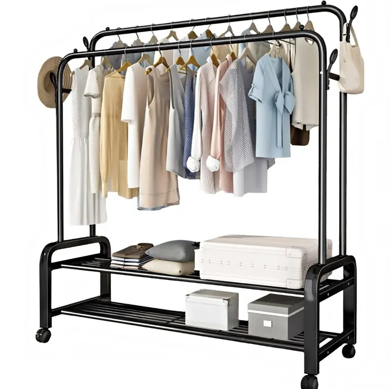 Podwójny, wolnostojący wieszak na ubrania, czarny, 150-157 cm