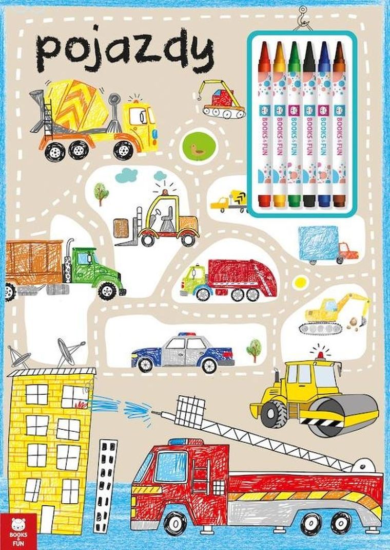 Pojazdy. Kolorowanka z kredkami