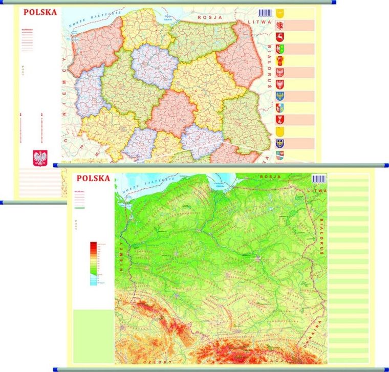 Polska. Mapa ścienna dwustronna fizyczno-administracyjna 1:1 800 000