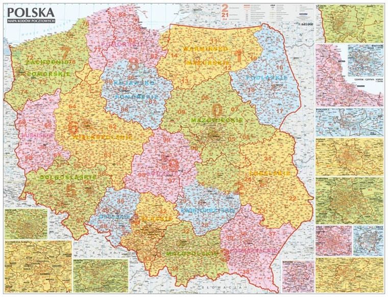 Polska. Ścienna mapa kodów pocztowych 1:685