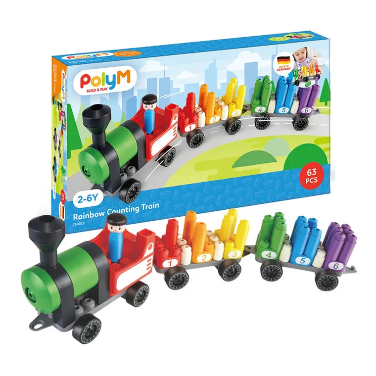 PolyM, Tęczowy pociąg do liczenia, klocki konstrukcyjne, 63 elementów
