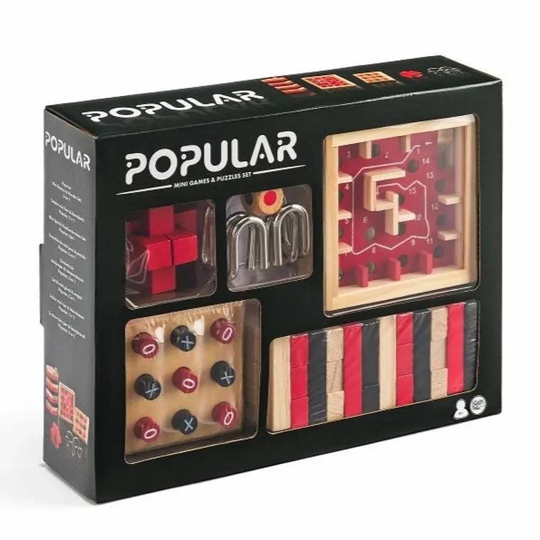 Popular, zestaw mini gier 5w1, wieża, kółko i krzyżyk, labirynt, 2x łamigłówka