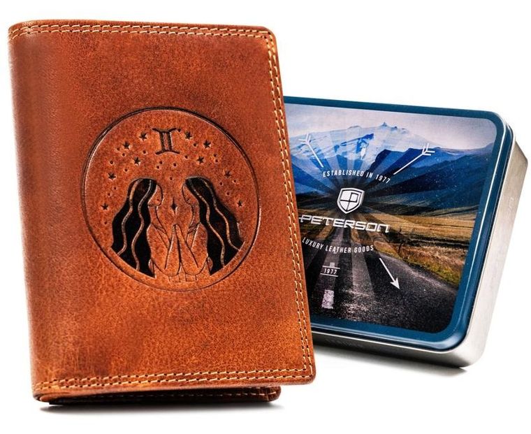 Portfel, brązowy, skórzany, bliźnięta, Peterson