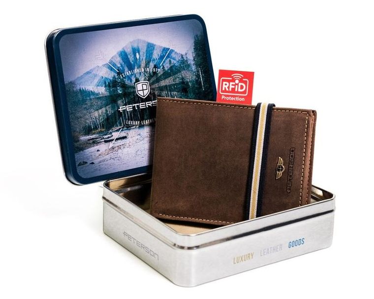 Portfel, brązowy, skórzany, RFID, Peterson