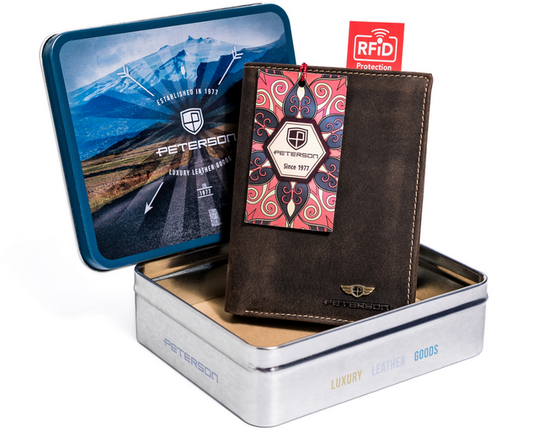 Portfel, brązowy, skórzany, RFID, Peterson