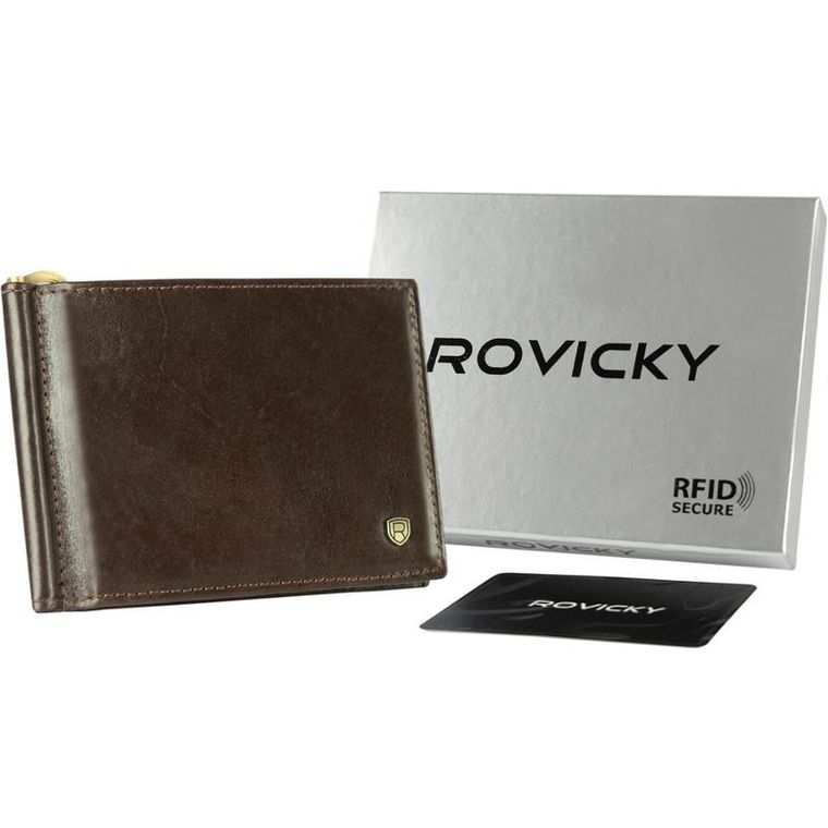 Portfel, brązowy, skórzany, RFID, Rovicky