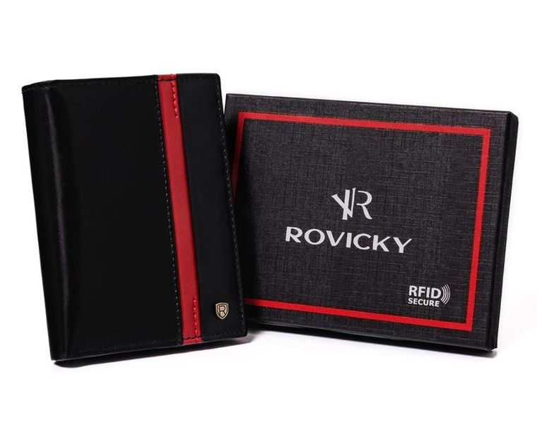 Portfel, czarno-czerwony, skórzany, RFID, Rovicky
