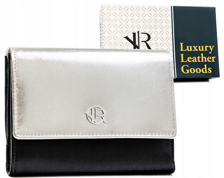 Portfel, czarno-srebrny, skórzany, Rovicky