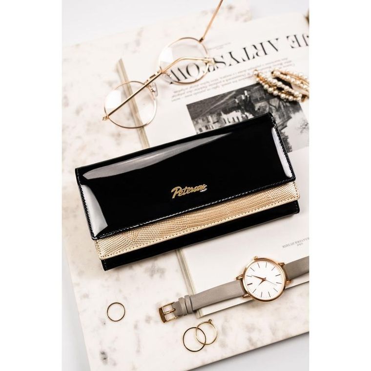 Portfel, czarno-złoty, skórzany, Petereson