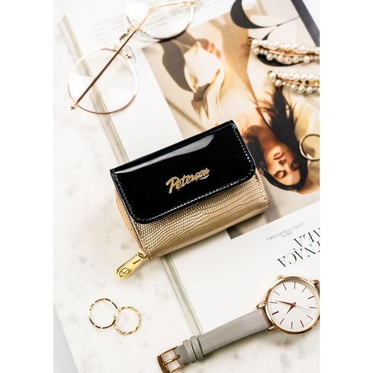 Portfel, czarno-złoty, skórzany, Petereson