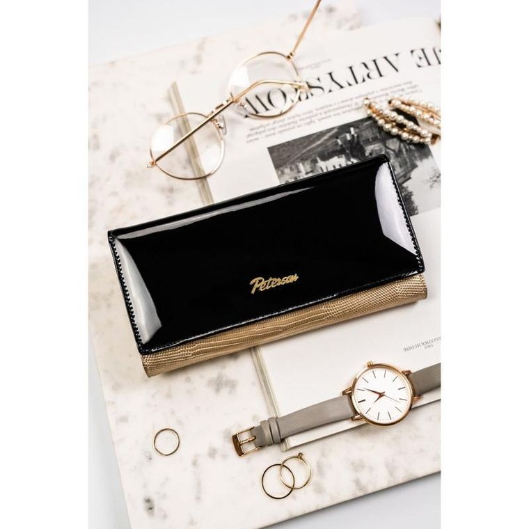 Portfel, czarno-złoty, skórzany, Peterson