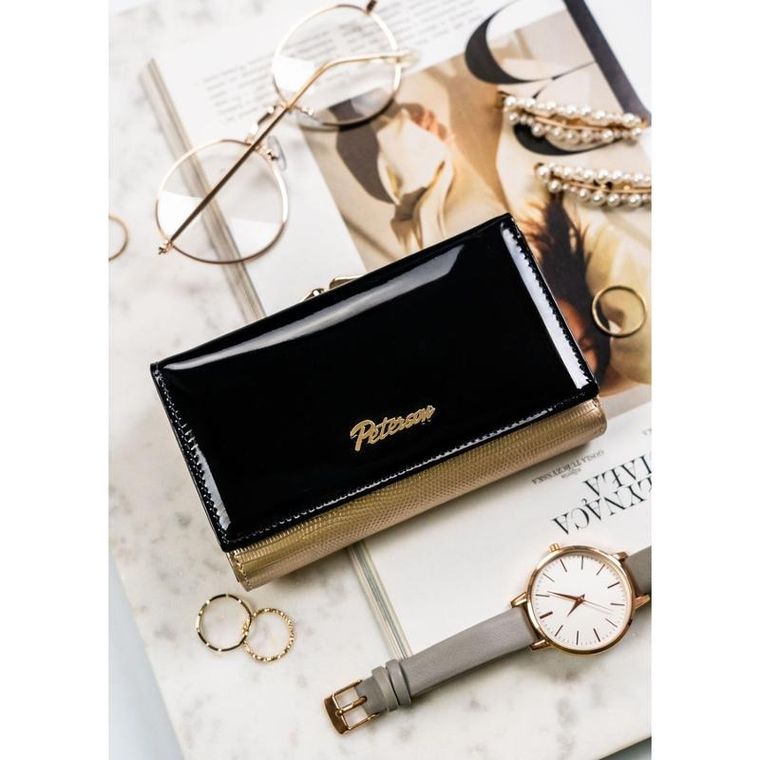 Portfel, czarno-złoty, skórzany, RFID, Petereson
