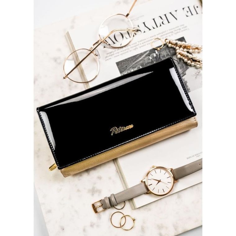 Portfel, czarno-złoty, skórzany, RFID, Petereson