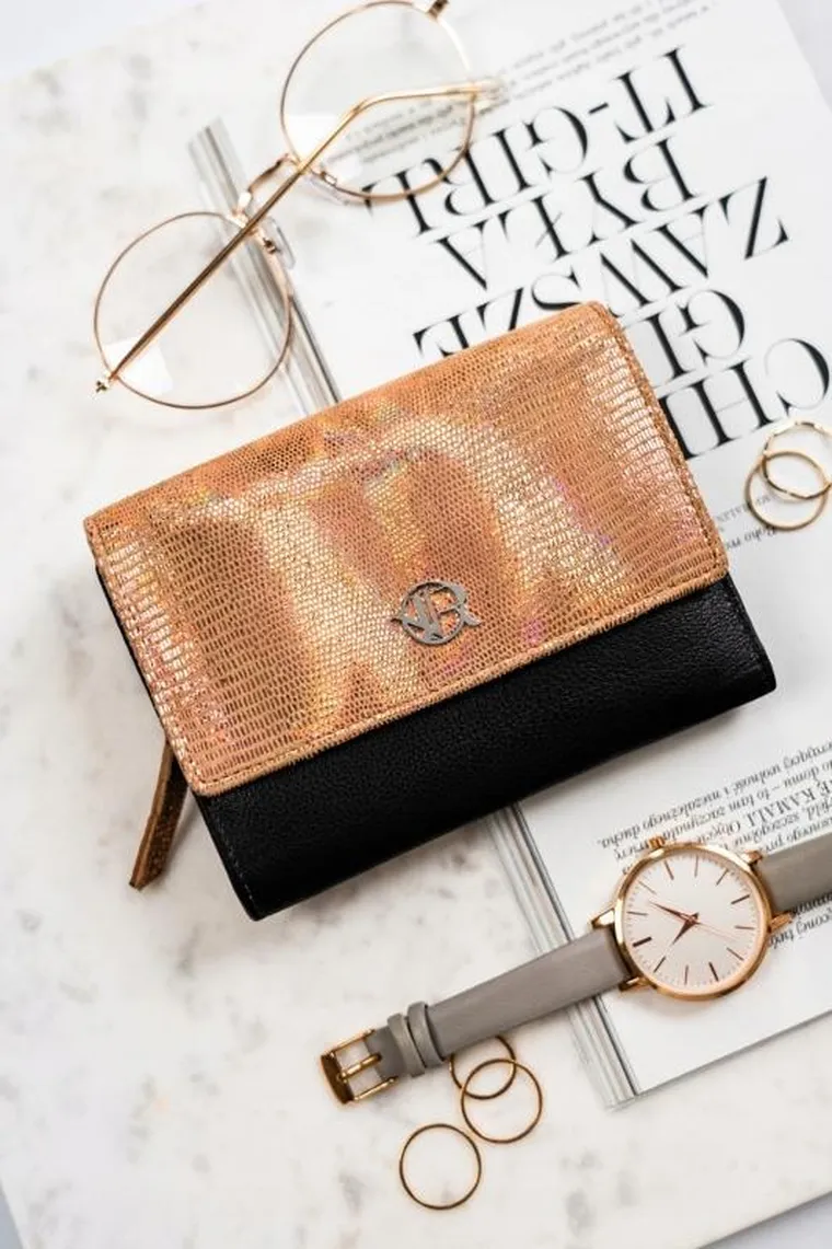 Portfel, czarno-złoty, skórzany, Rovicky