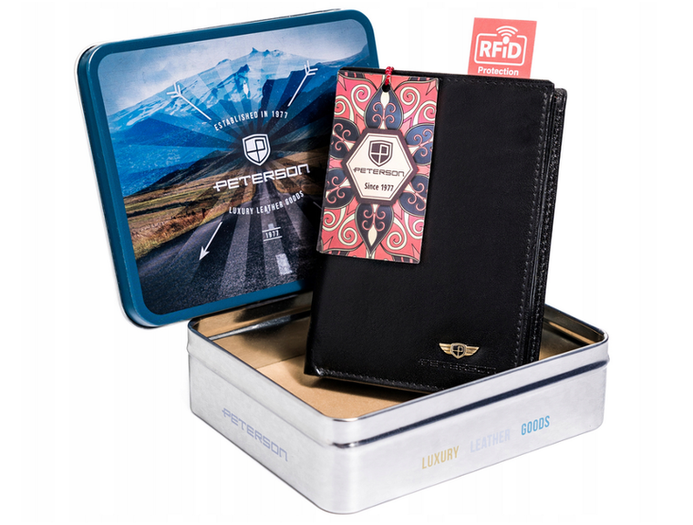 Portfel, czarny, skórzany, RFID, Peterson