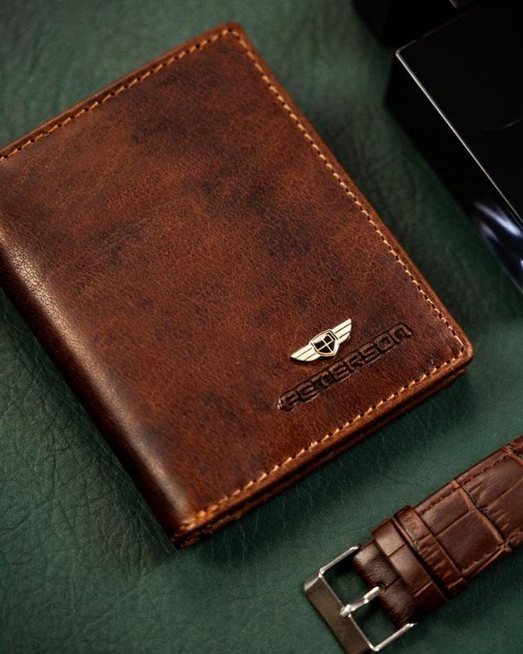 Portfel na karty, brązowy, skórzany, Peterson